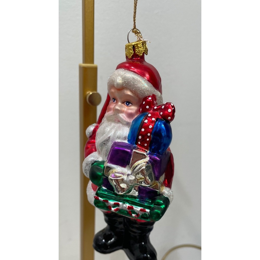 Brass Key BK 6" Santa Holding Presents Glass Christmas Ornament Red Glitter
